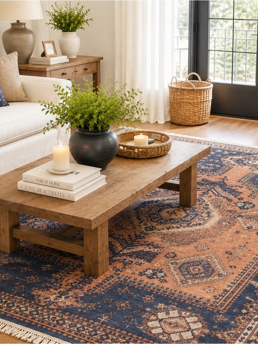 Rustic Blue & Terracotta Medallion Area Rug - Unbranded